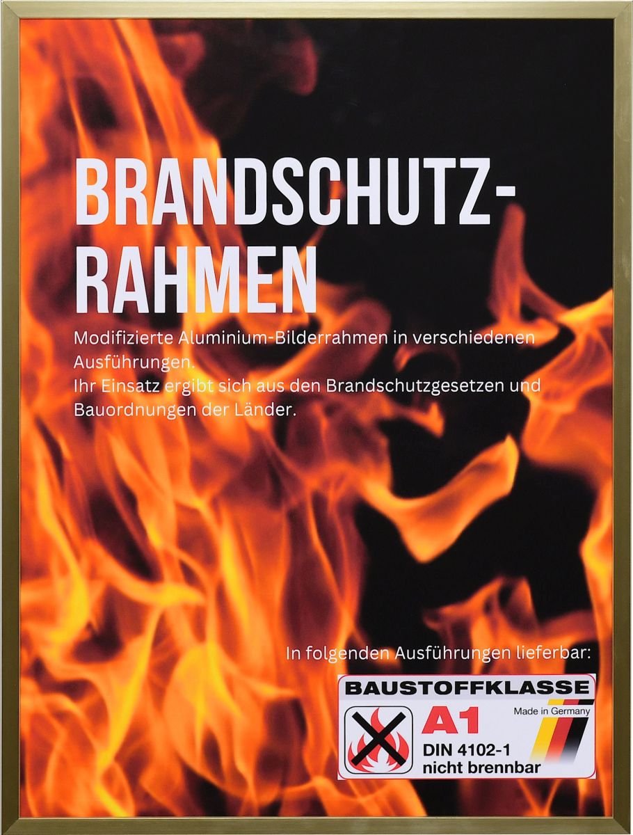 Frontansicht eines goldenen, kantigen, stabilen Brandschutzrahmens aus eloxierten Aluminium