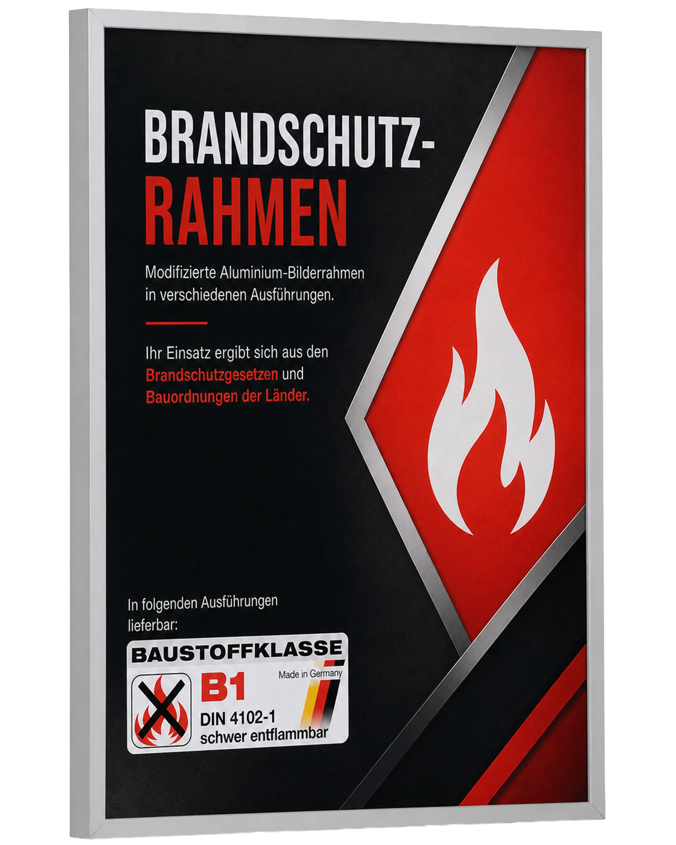 Bilderrahmen Aluminium Mika Brandschutz Zertifikat B1 Silber – Seitenansicht