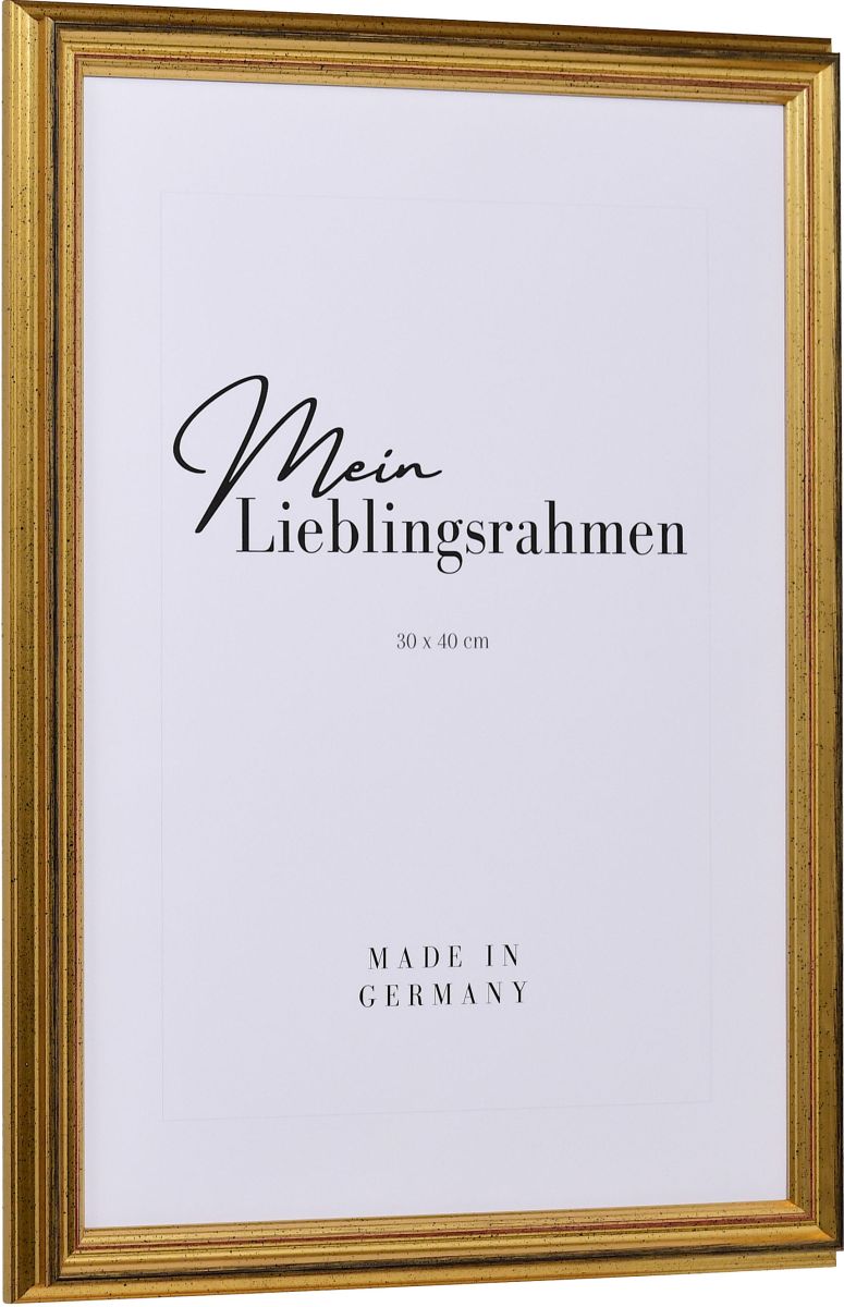 Seitenansicht eines goldenen Holzrahmens im Barockstil mit steil aufsteigender Au