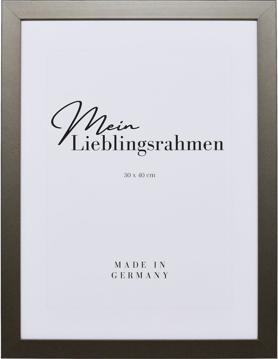 Frontansicht eines platinfarbenen Bilderrahmens mit sichtbarer Holzstruktur, glatter Oberfläche und kantigem, schlichtem Profil