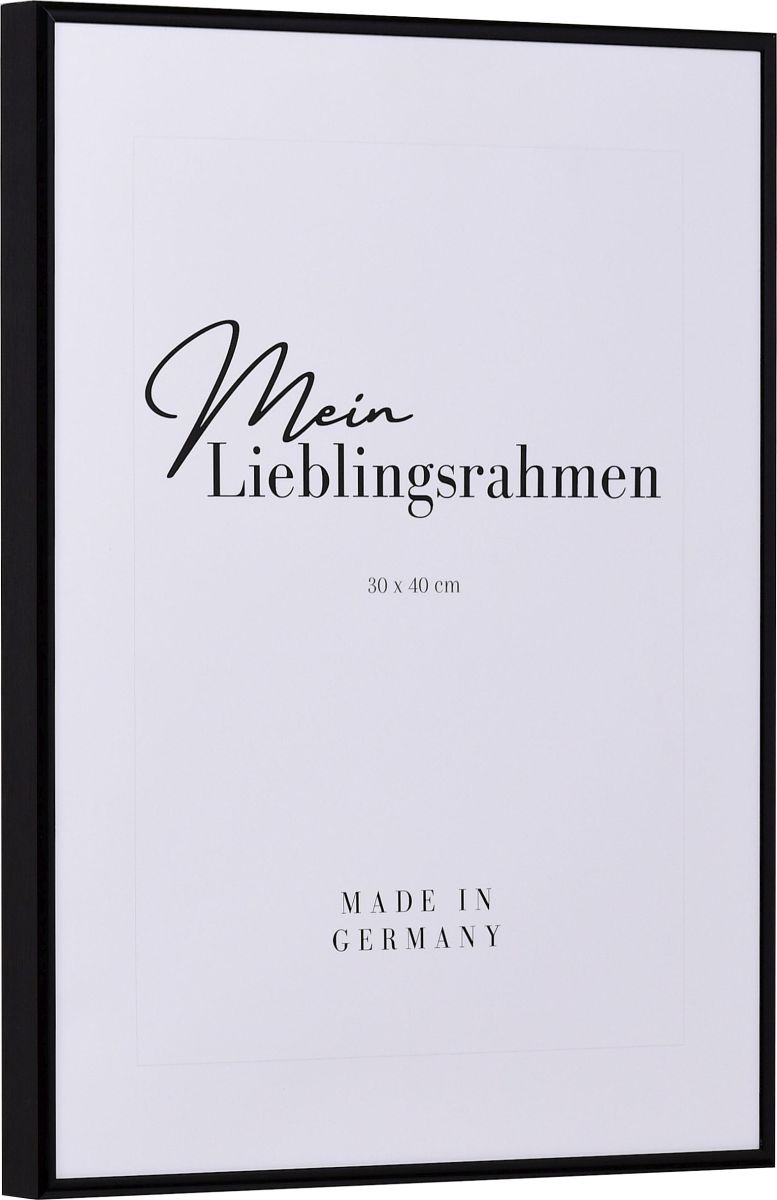 Seitenansicht eines schwarzen, sehr formstabilen Hochglanz-Aluminiumrahmens mit patentiertem Eckverbindersystem 