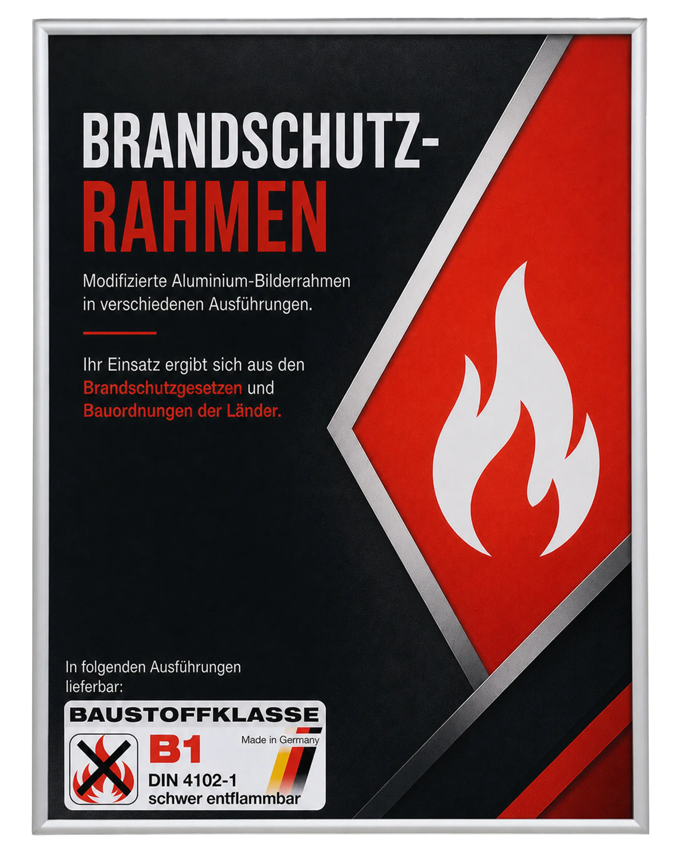 Bilderrahmen Aluminium Noah Brandschutz Zertifikat B1 Silber – Frontansicht
