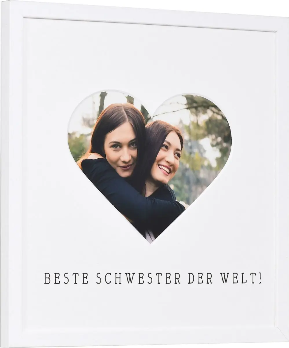 seitliche Ansicht eines Bilderrahmens mit Herzausschnitt für die beste Schwester der Welt in der Farbe Weiss