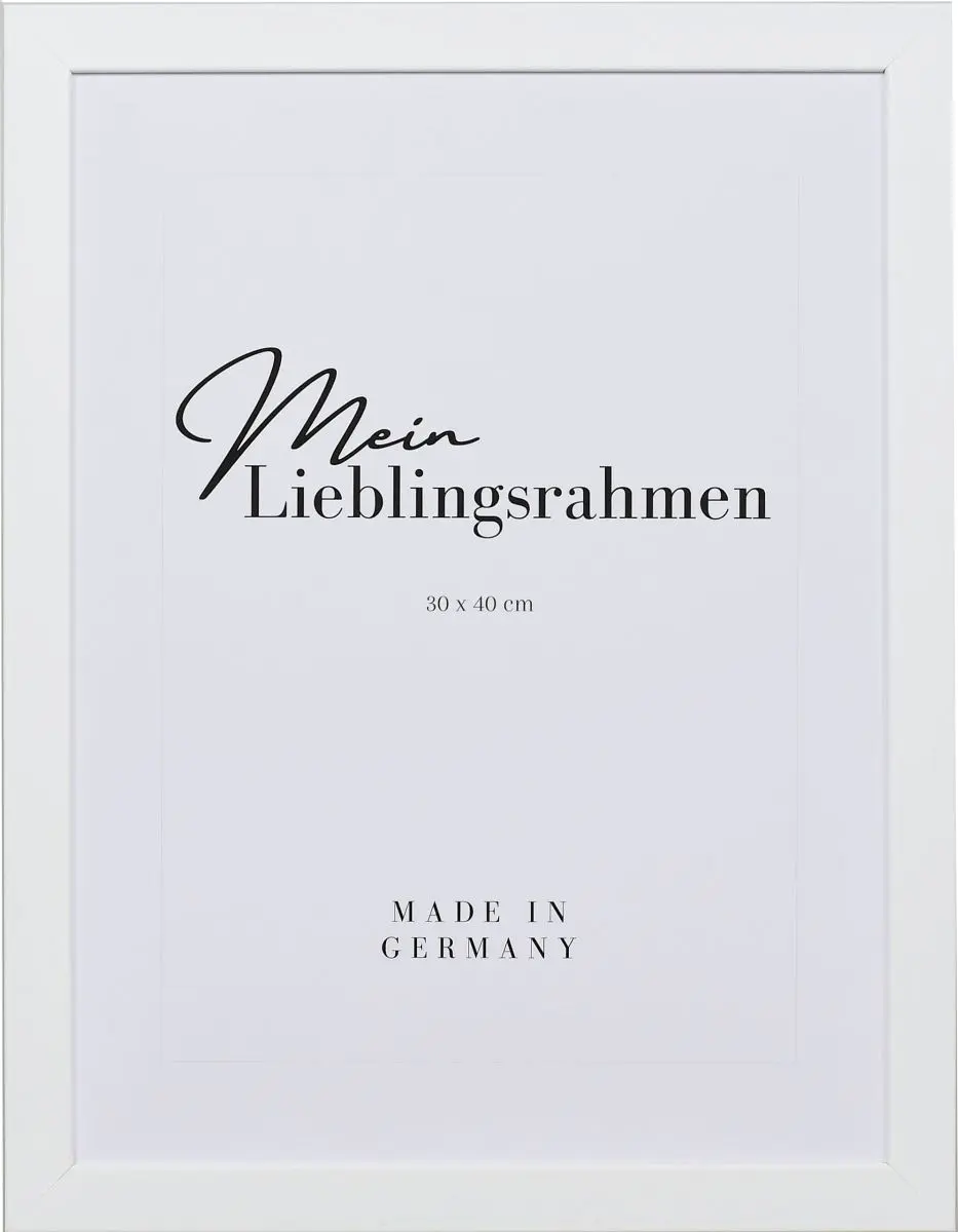 Frontansicht eines weissen Bilderrahmens mit sichtbarer Holzstruktur, glatter Oberfläche und kantigem, schlichtem Profil