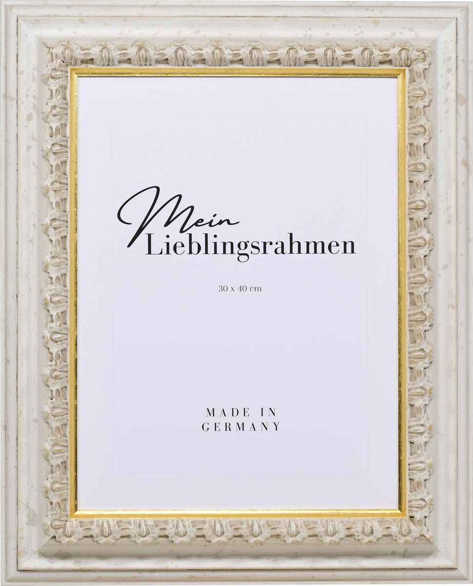 Frontansicht eines weissen, in Handarbeit hergestellten Bilderrahmens mit Barockleiste und royalem Charme