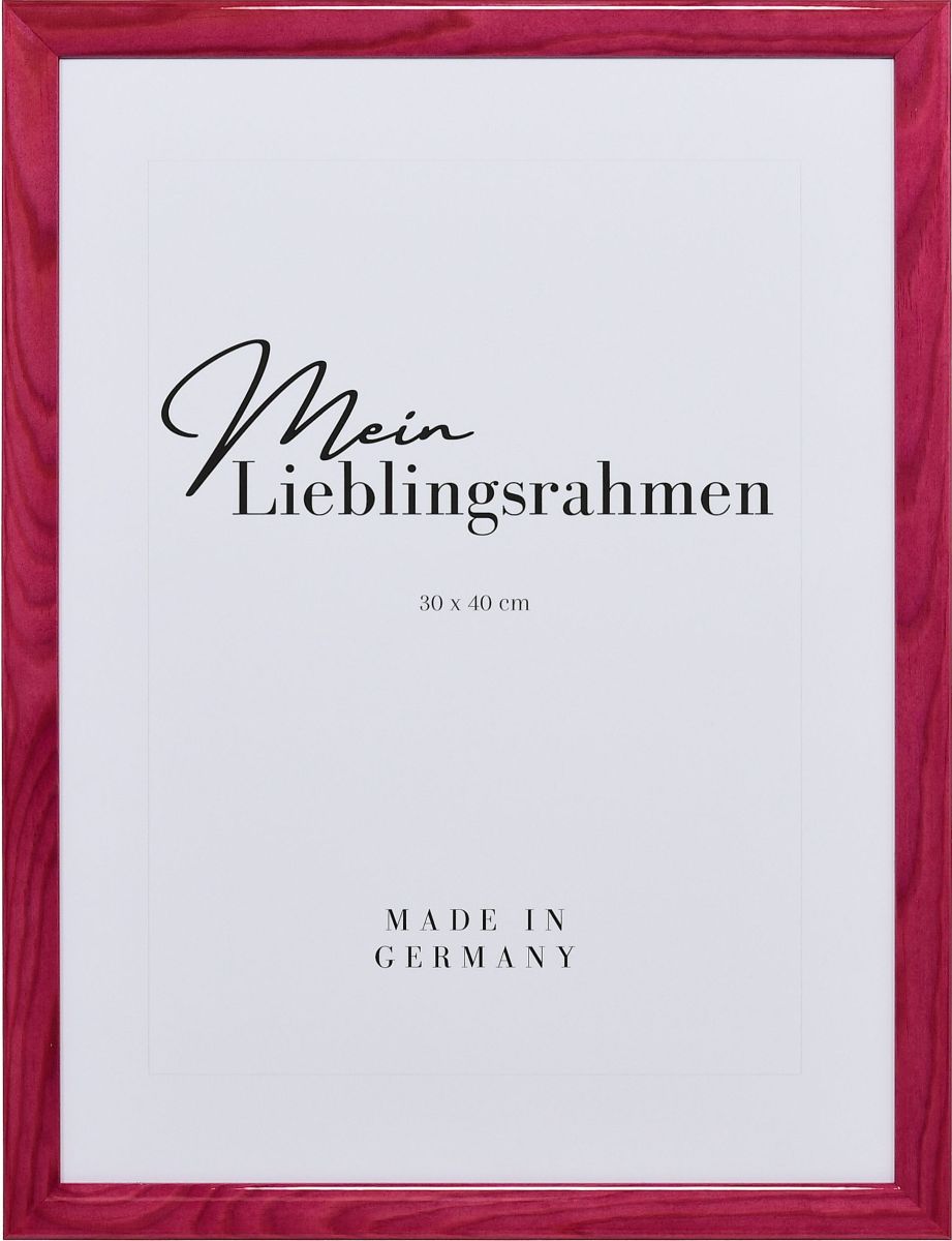 Frontansicht eines pinken Bilderrahmens mit glatter Hochglanz-Oberfläche und sichtbarer Holzstruktur