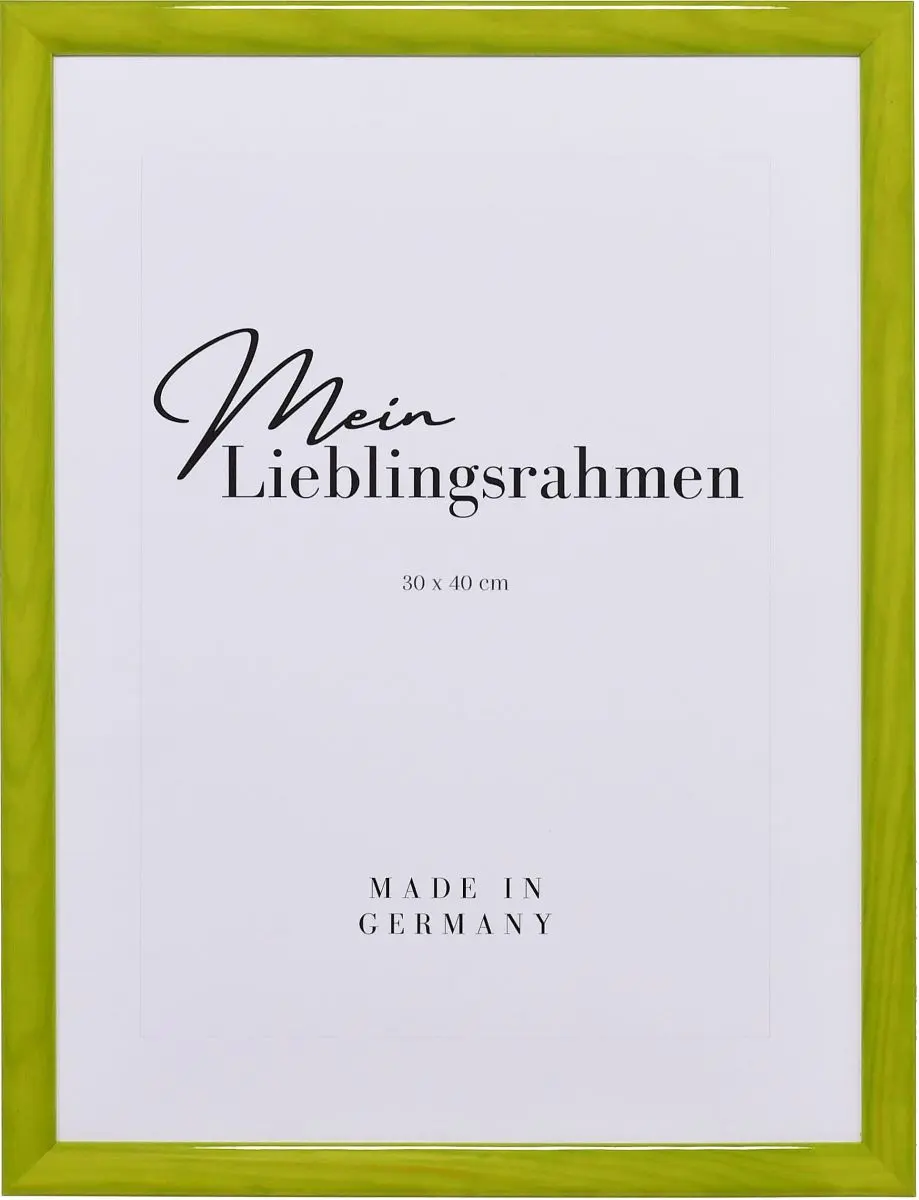 Frontansicht eines grünen Bilderrahmens mit glatter Hochglanz-Oberfläche und sichtbarer Holzstruktur