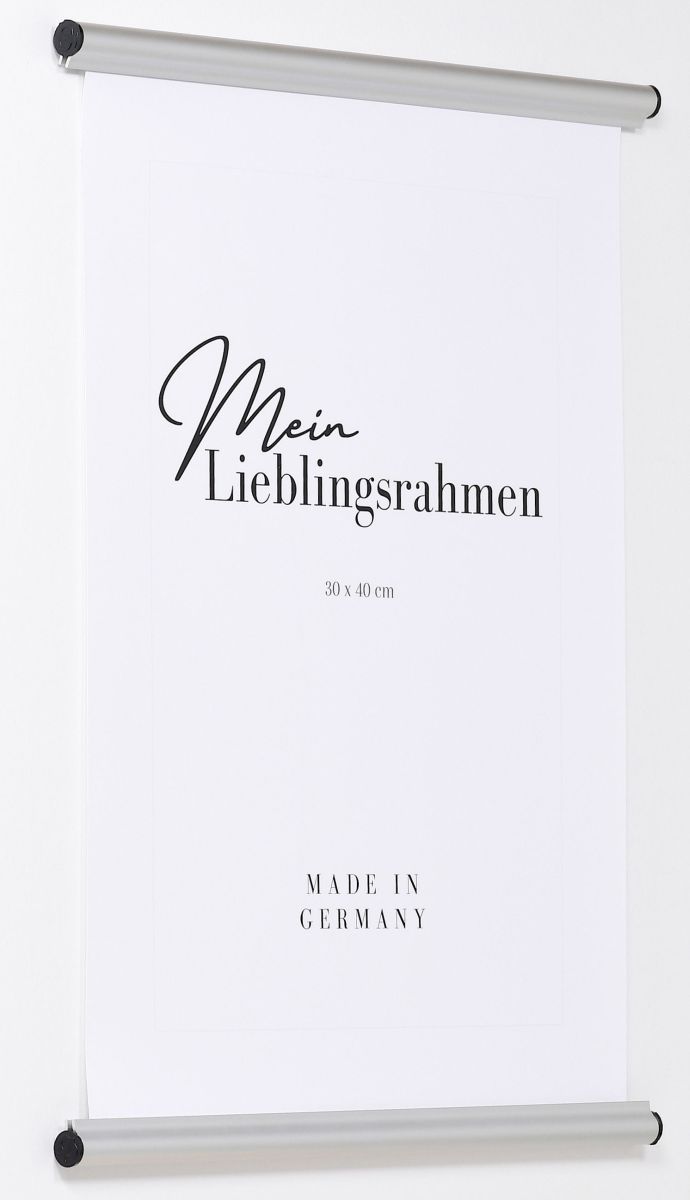 Seitenansicht eines silbernen Alu-Posterhängers mit Klemmvorrichtung