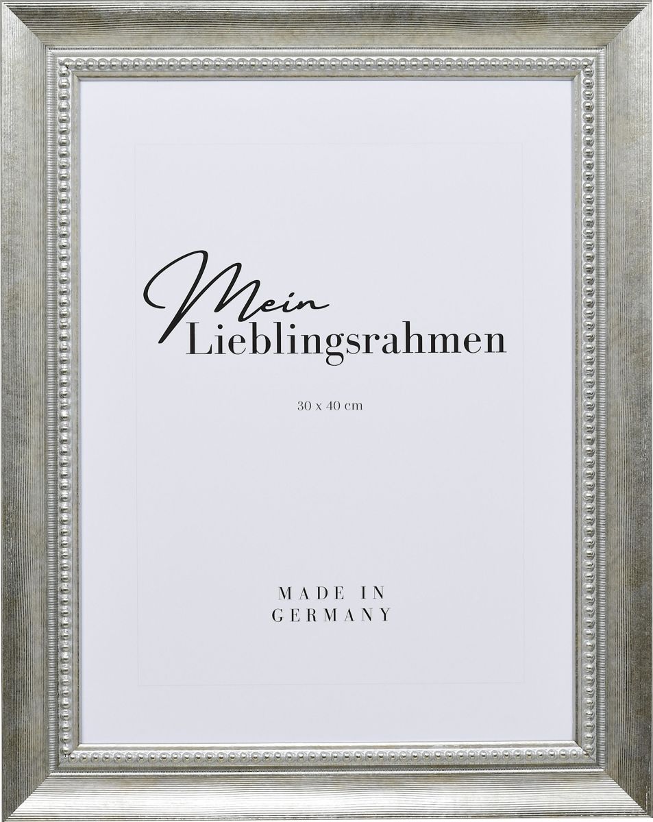 Frontansicht eines silbernen Bilderrahmens mit einer durch ein Prägerad aufgebrachten Oberfläche und einem Perlstab
