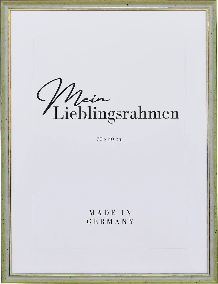 Frontansicht eines grünen Vintage Holzrahmens mit leicht aufgerauter Oberfläche und goldener Zierkante