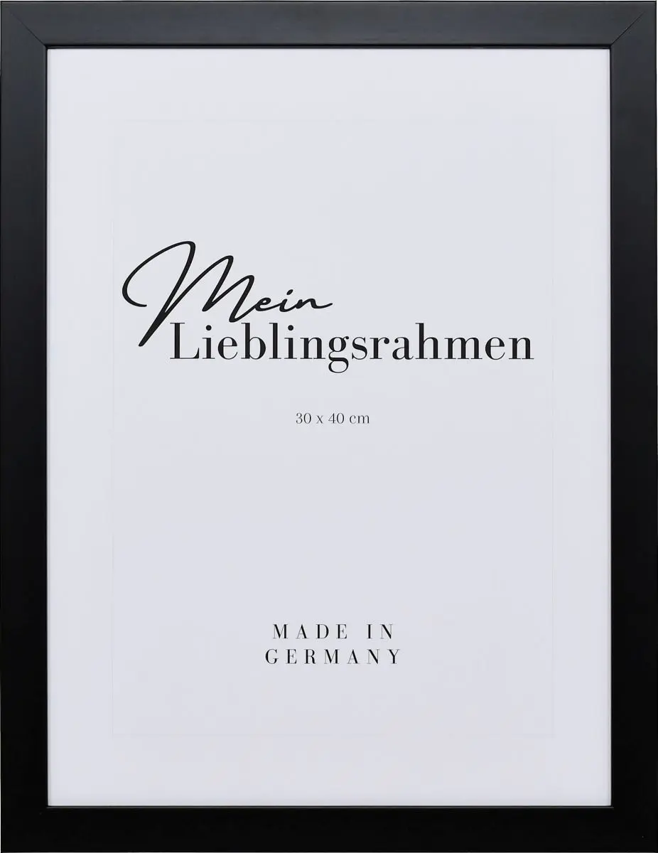 Frontansicht eines schwarzen Bilderrahmens mit sichtbarer Holzstruktur, glatter Oberfläche und kantigem, schlichtem Profil