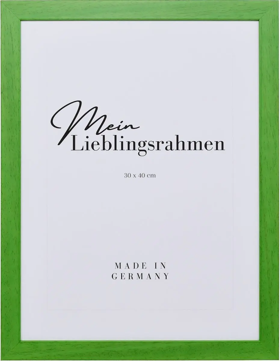 Frontansicht eines grünen Bilderrahmens mit sichtbarer Holzstruktur, glatter Oberfläche und kantigem, schlichtem Profil