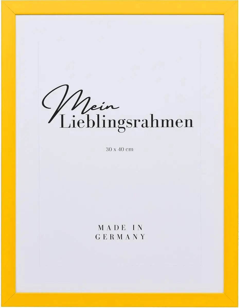 Frontansicht eines gelben Bilderrahmens mit geschlossener, glatter Oberfläche und würfelförmigem Profil