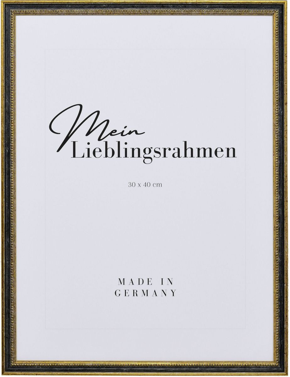 Frontansicht eines klassischen, antiken Holzrahmens in der Farbe Schwarz mit Perlkante