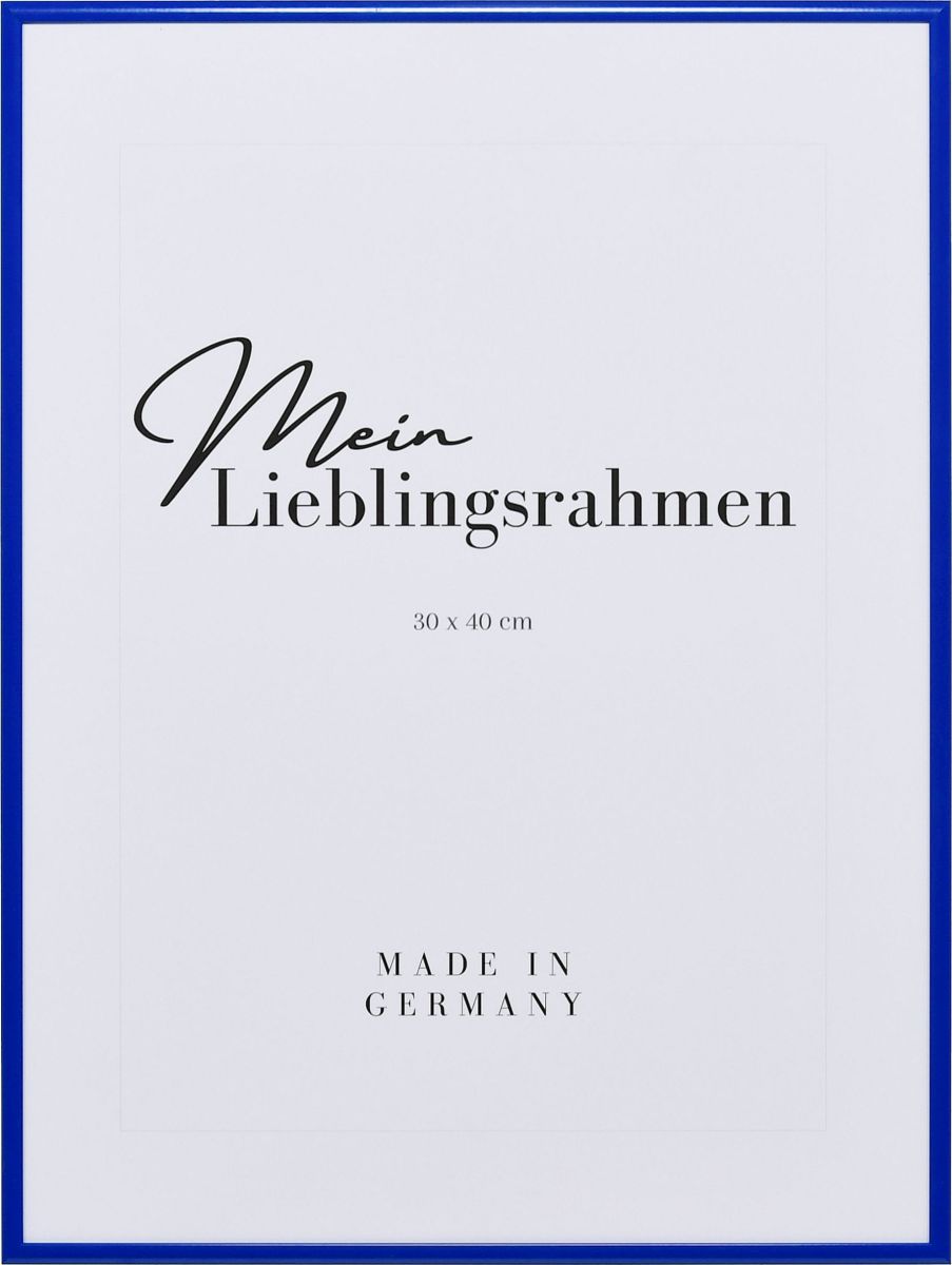 Frontansicht eines blauen, extrem formstabilen Aluminiumrahmens mit patentiertem Eckverbindersystem 