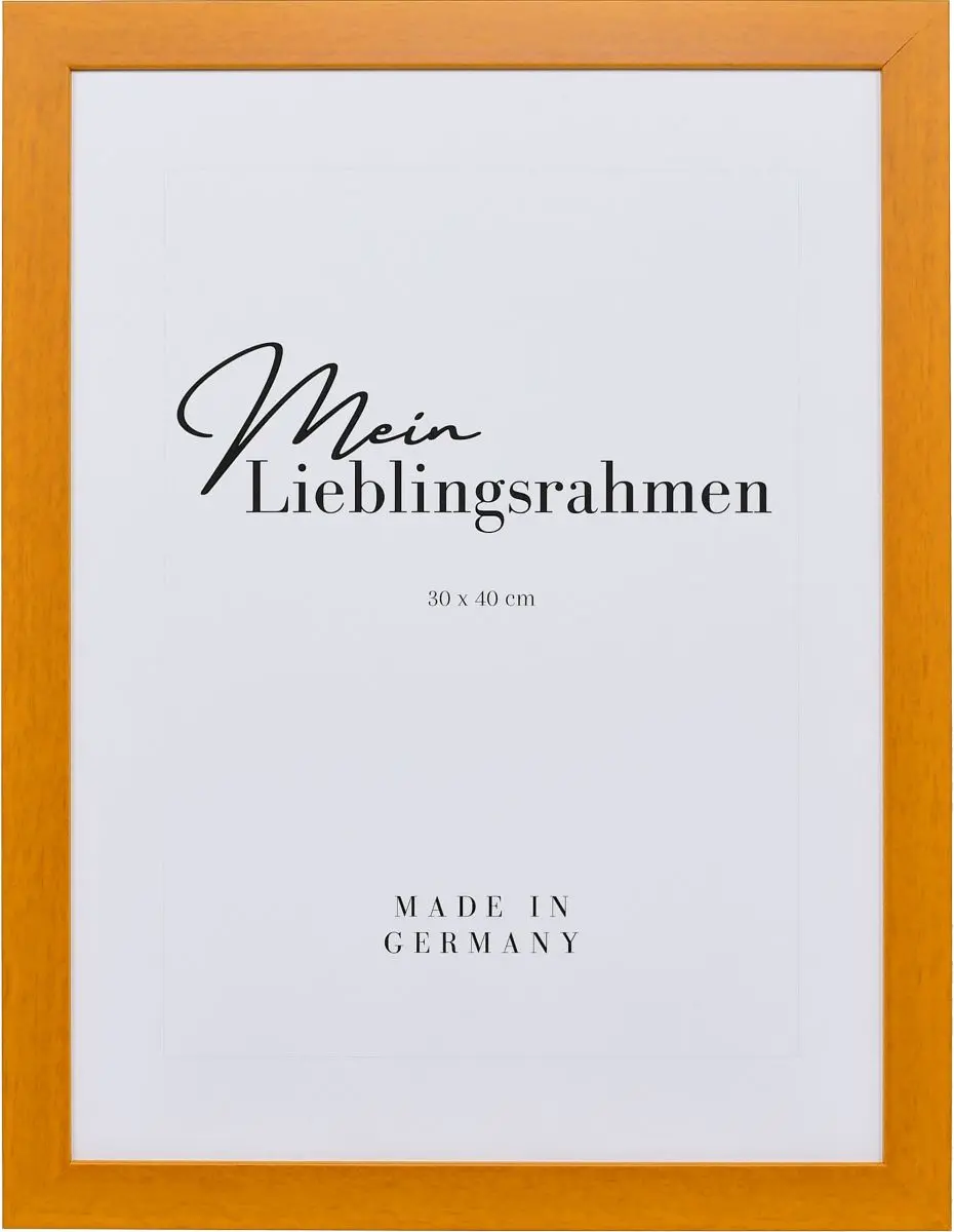 Frontansicht eines honigfarbenen Bilderrahmens mit sichtbarer Holzstruktur, glatter Oberfläche und kantigem, schlichtem Profil