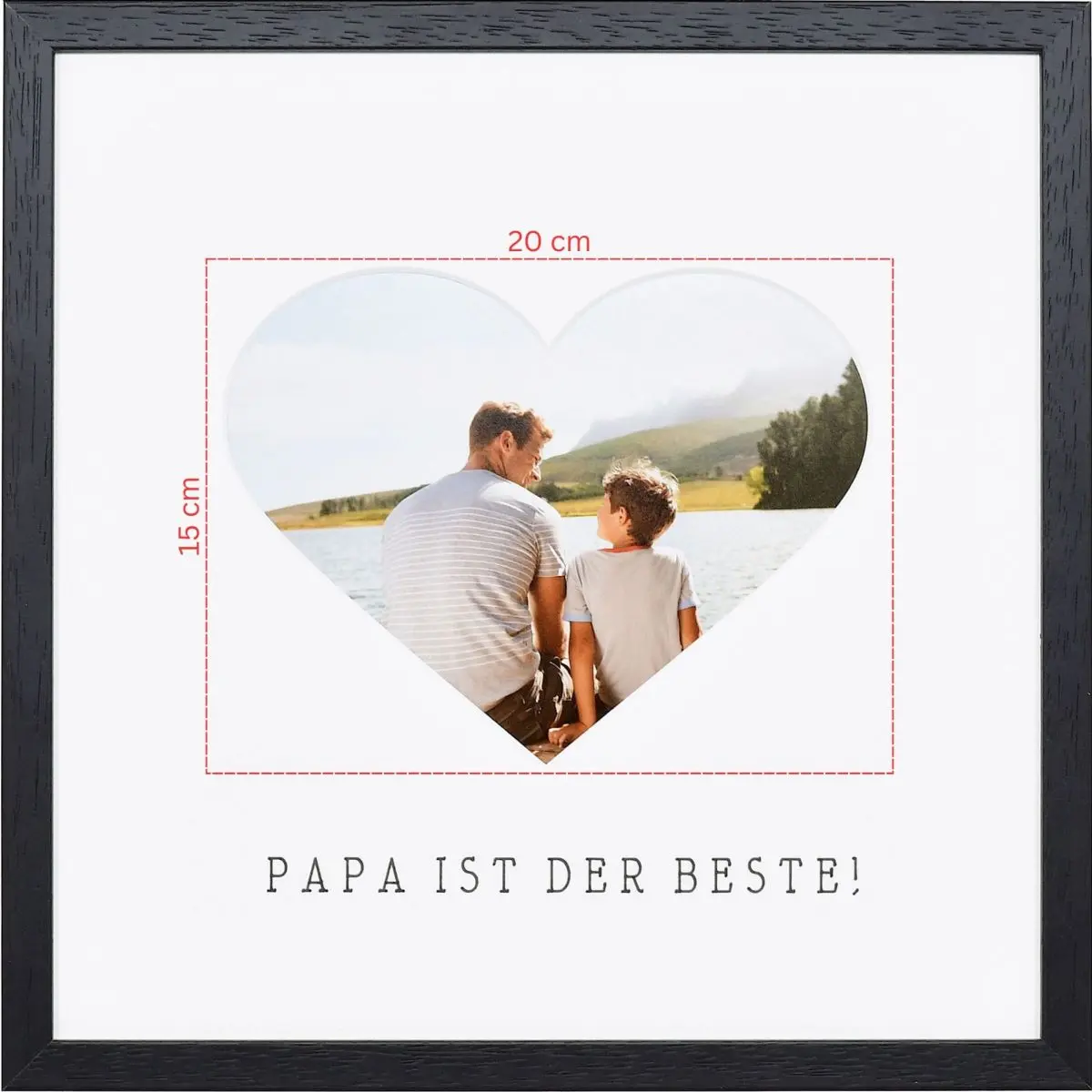 Bilderrahmen mit Herzpassepartout für Papa in 30x30, schwarz - Skizze Bildschausschnitt Skizze eines Fotos für ein herzförmiges Passeparpartout in schwarzem Bilderrahmen 30x30