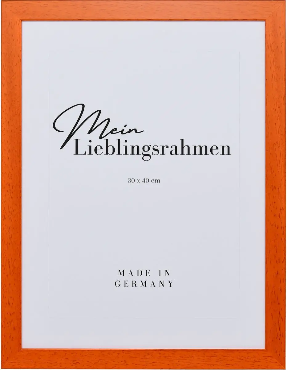 Frontansicht eines orangenen Bilderrahmens mit sichtbarer Holzstruktur, glatter Oberfläche und kantigem, schlichtem Profil