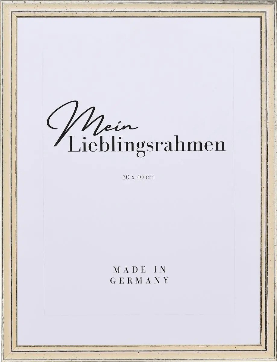 Frontansicht eines weissen, offenporigen, matten Vintage Rahmens mit an den Kanten abgeriebener Farbe