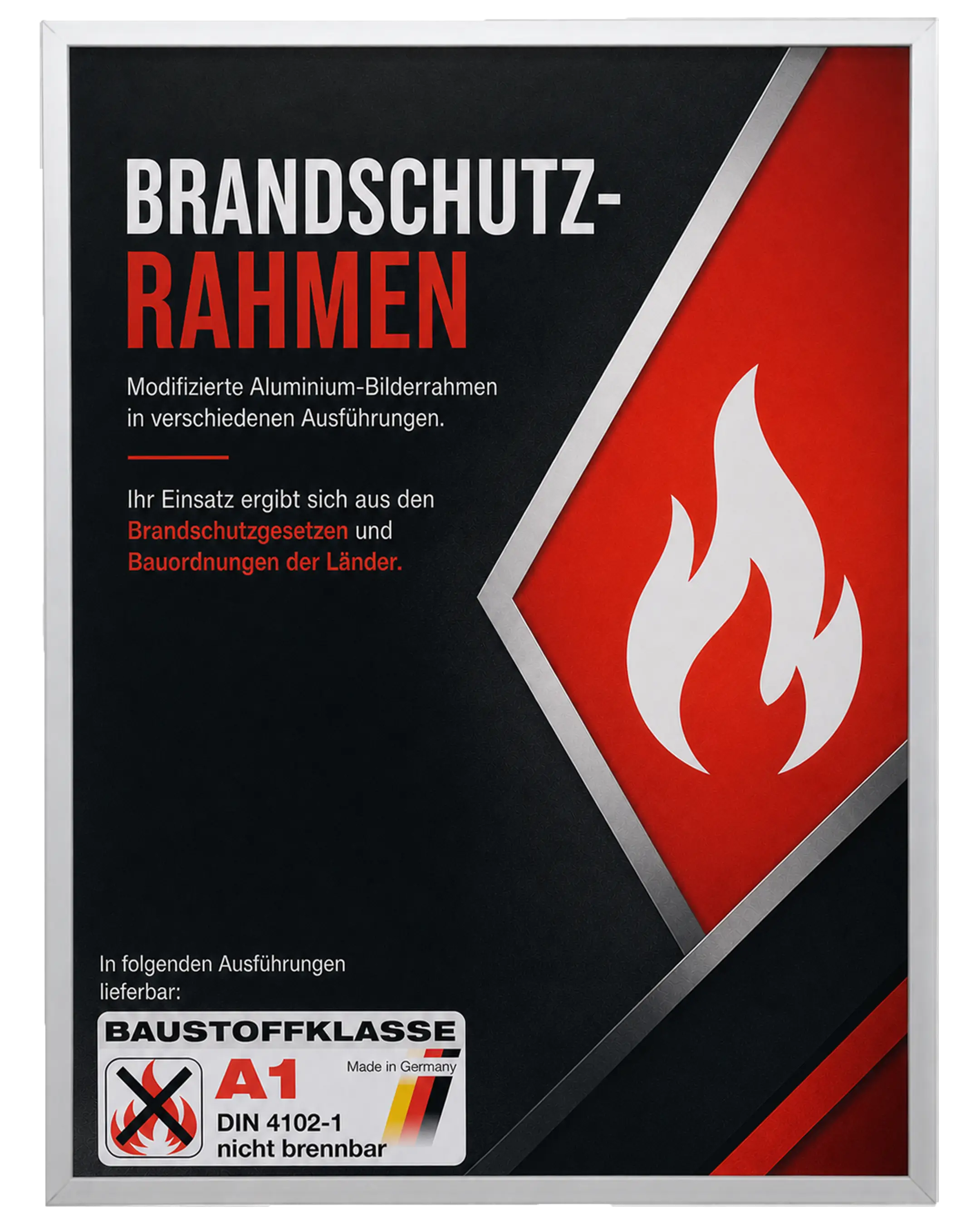 Bilderrahmen Aluminium Mika Brandschutz Zertifikat A1 Silber – Frontansicht