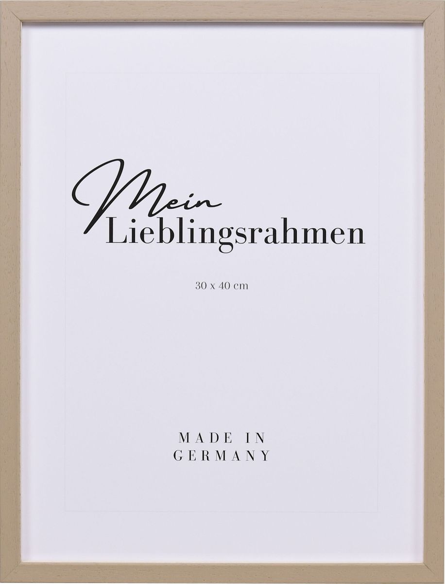 Frontansicht eines modernen, honigfarbenen, schmalen Bilderrahmens