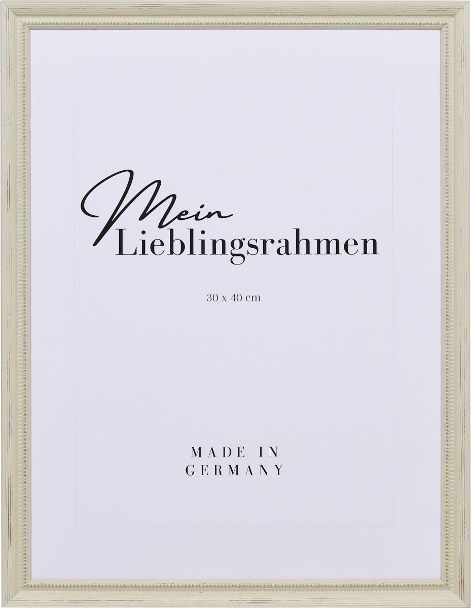 Frontansicht eines kleinen, weissen, barocken Bilderrahmens DinA6