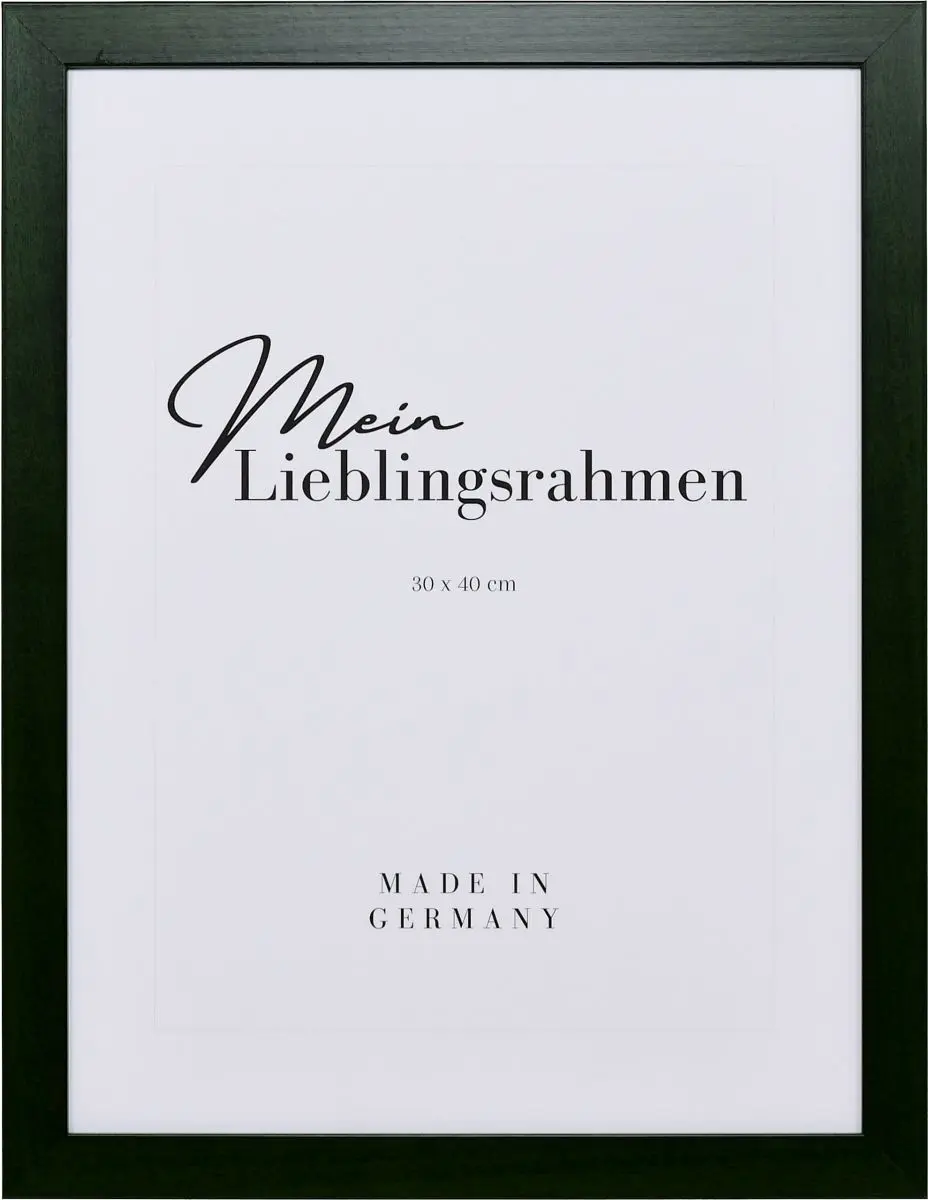 Frontansicht eines tannengrünen Bilderrahmens mit sichtbarer Holzstruktur, glatter Oberfläche und kantigem, schlichtem Profil