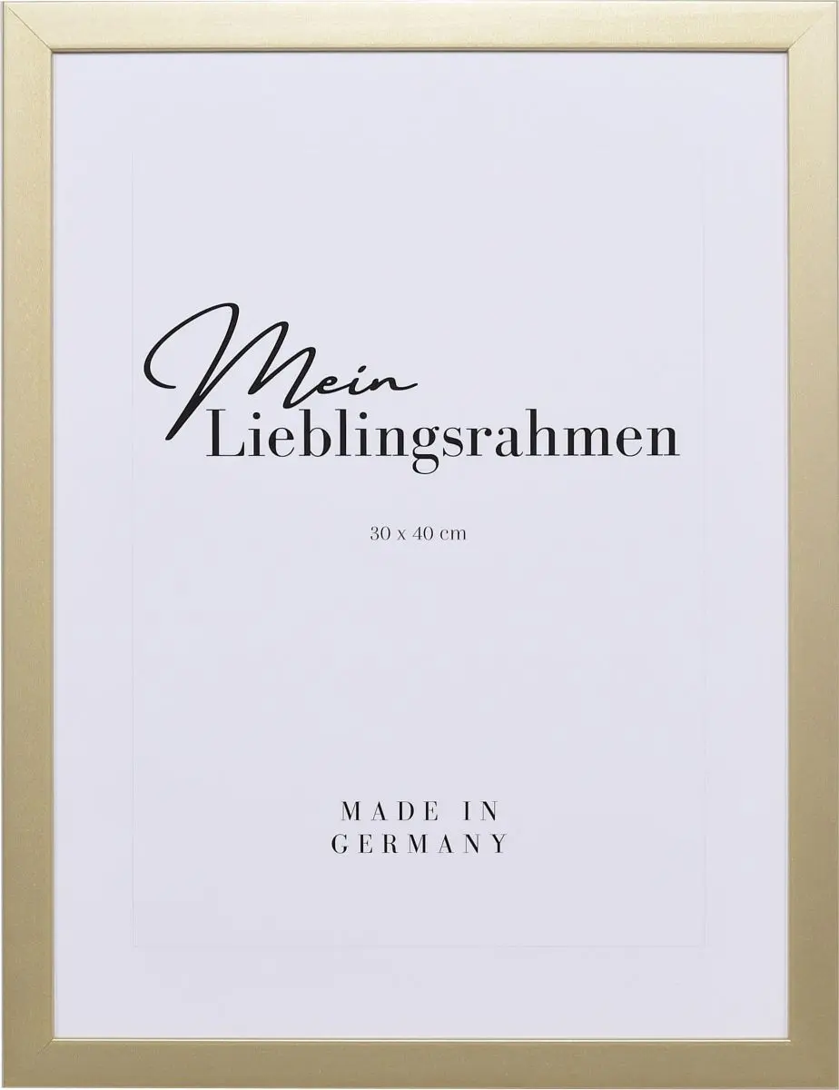 Frontansicht eines goldenen Bilderrahmens mit geschlossener, glatter Oberfläche und würfelförmigem Profil