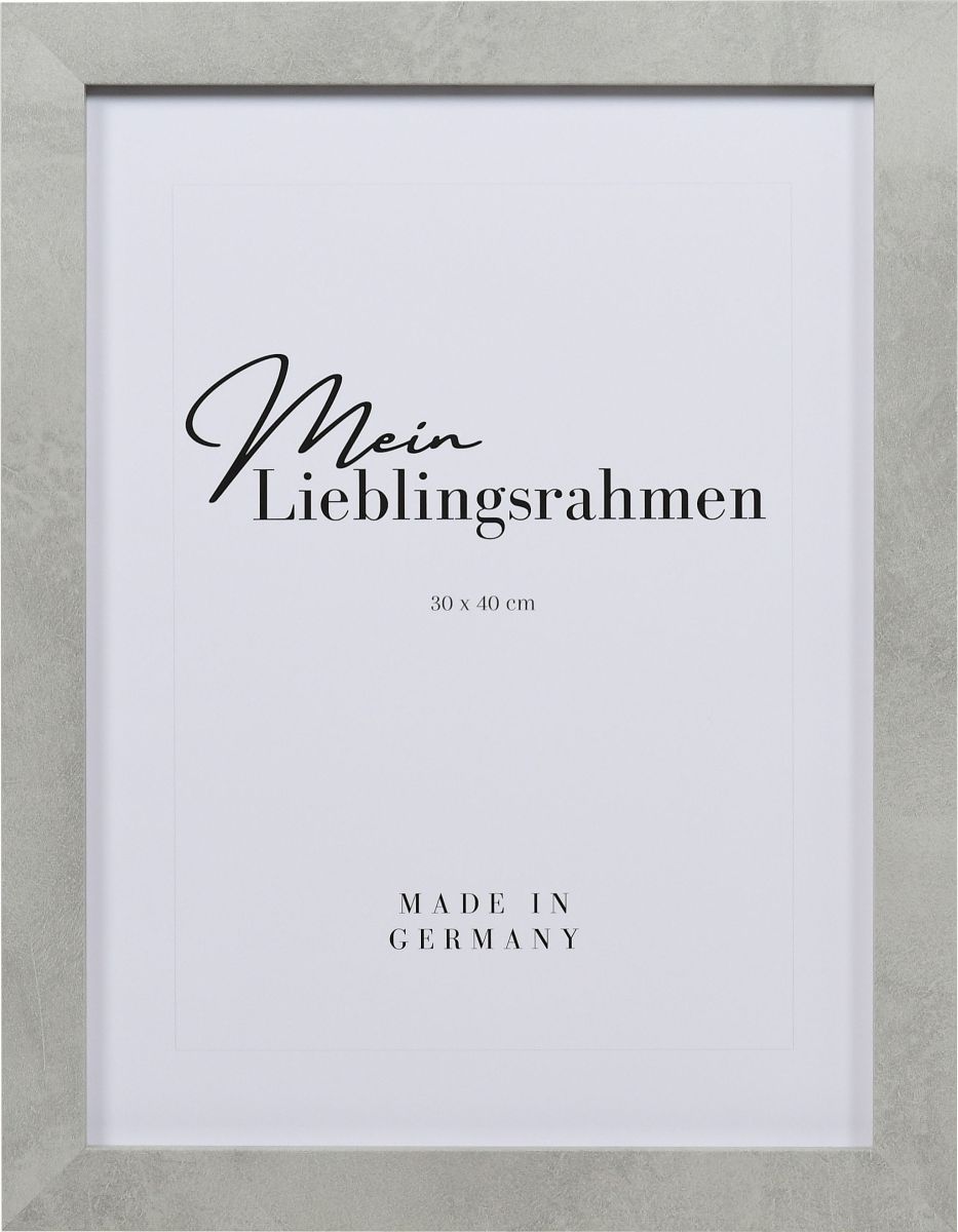 Frontansicht eines betonfarbenen Holzrahmens im Industrial Style mit quadratischem Profil und rauer OberflÃ¤che