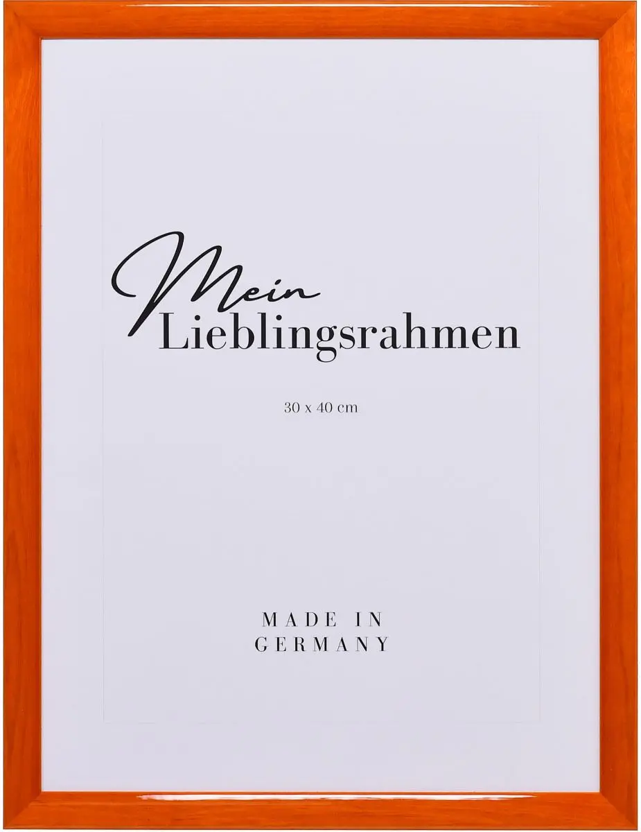 Frontansicht eines orangenen Bilderrahmens mit glatter Hochglanz-Oberfläche und sichtbarer Holzstruktur