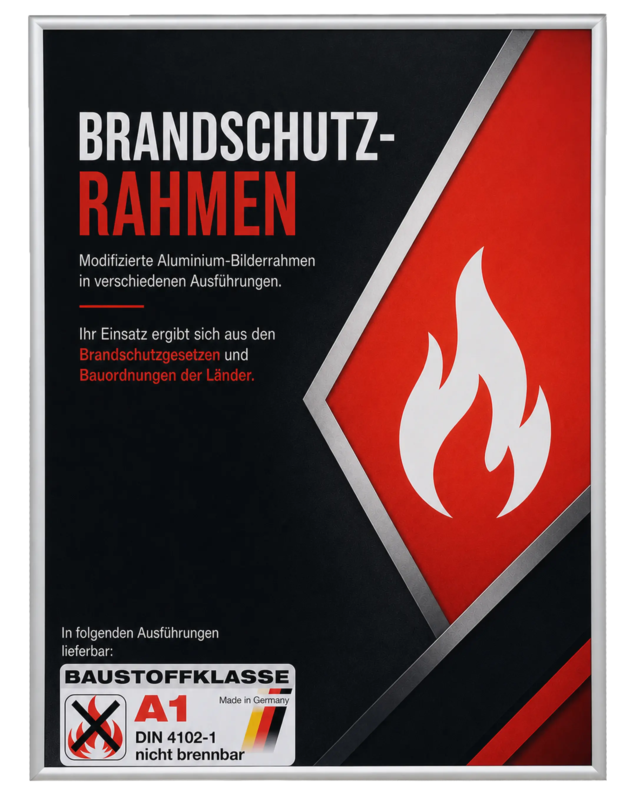 Bilderrahmen Aluminium Noah Brandschutz Zertifikat A1 Silber – Frontansicht