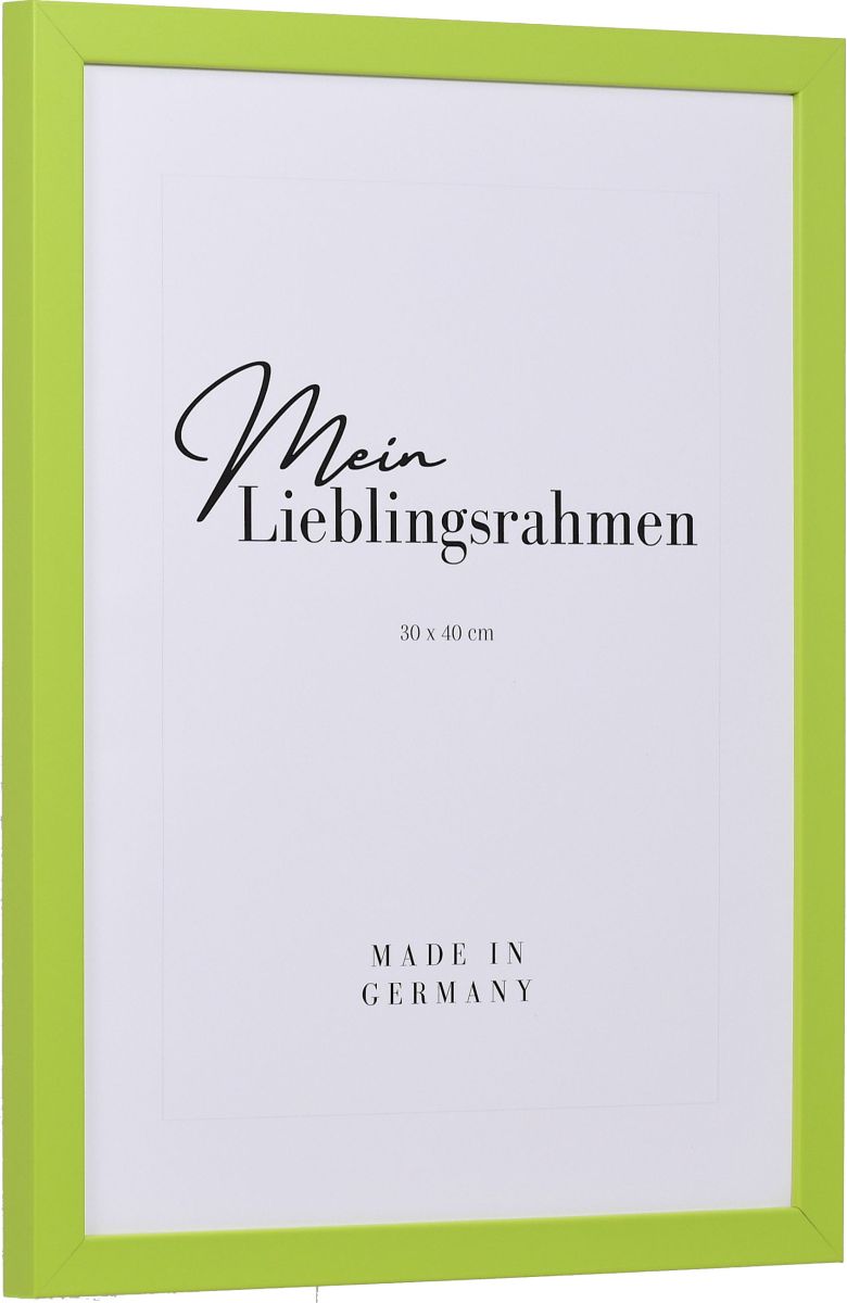 Seitenansicht eines grünen Bilderrahmens mit geschlossener, glatter Oberfläche und würfelförmigem Profil