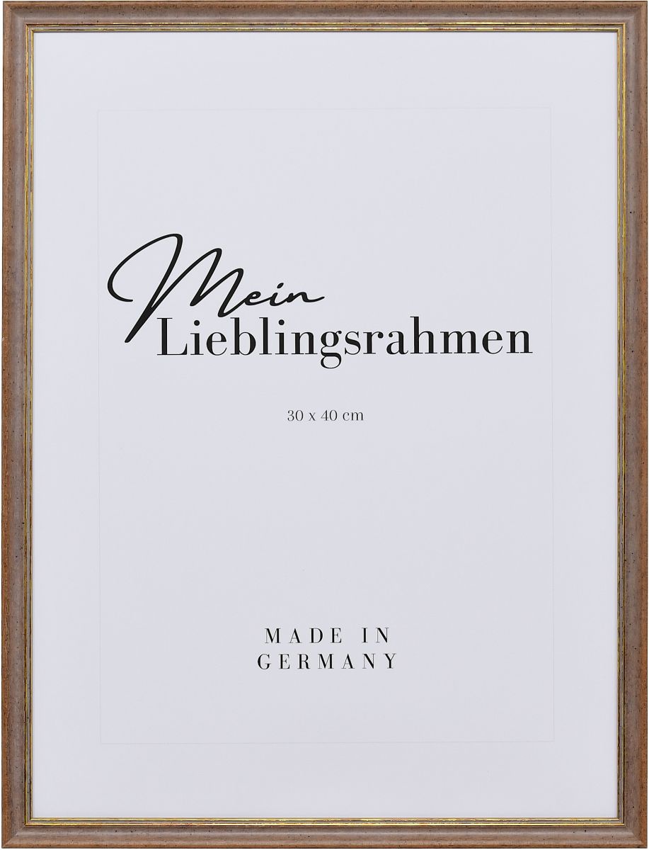Frontansicht eines Vintage Holzrahmens in der Farbe Braun mit leicht aufgerauter Oberfläche und goldener Zierkante