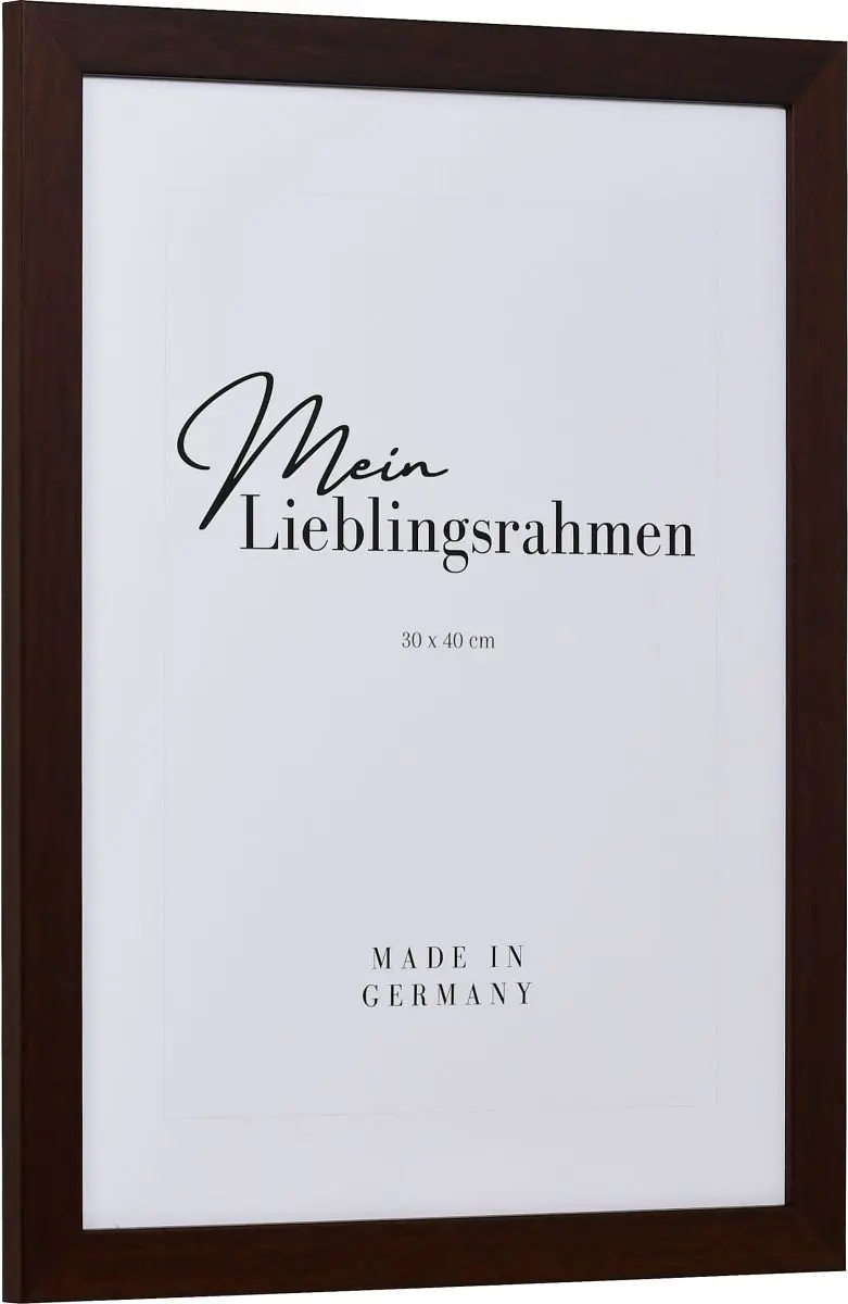 Seitenansicht eines braunen Bilderrahmens mit sichtbarer Holzstruktur, glatter Oberfläche und kantigem, schlichtem Profil