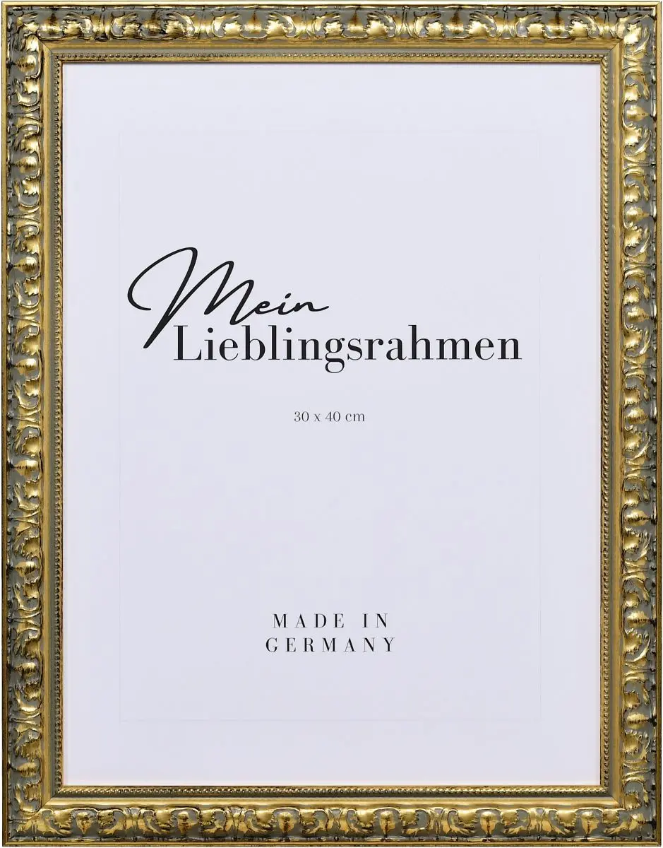 Frontansicht eines goldenen Holzrahmens im eleganten, barocken Look mit in Handarbeit aufgebürstetem Schlagmetall und Perlkante 