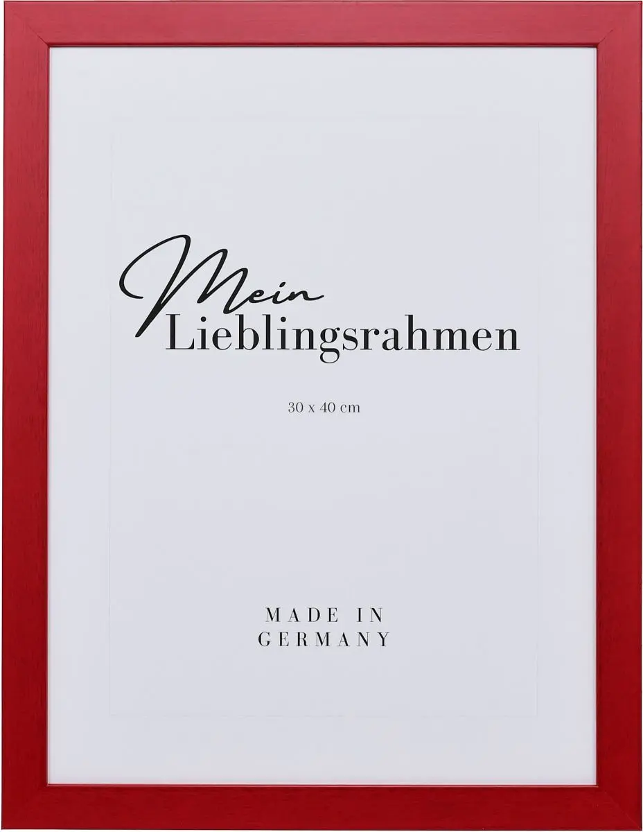 Frontansicht eines roten Bilderrahmens mit sichtbarer Holzstruktur, glatter Oberfläche und kantigem, schlichtem Profil