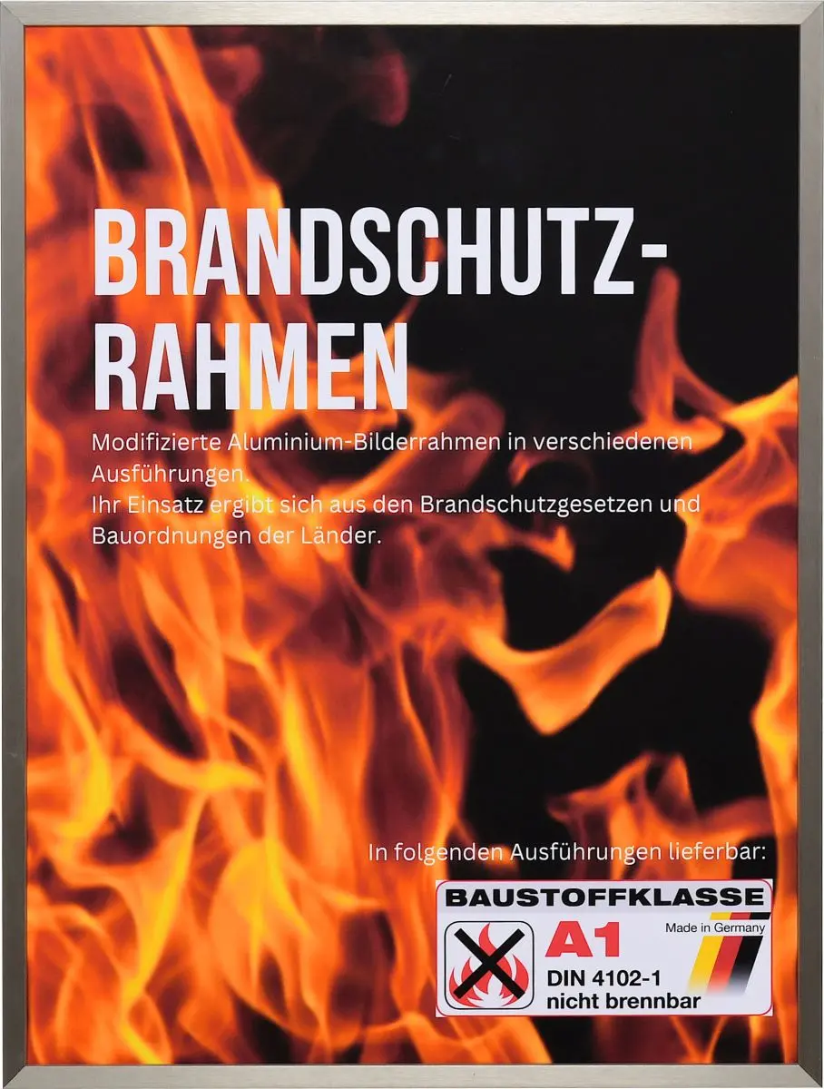 Frontansicht eines anthrazitfarbenen, kantigen, stabilen Brandschutzrahmens aus eloxierten Aluminium