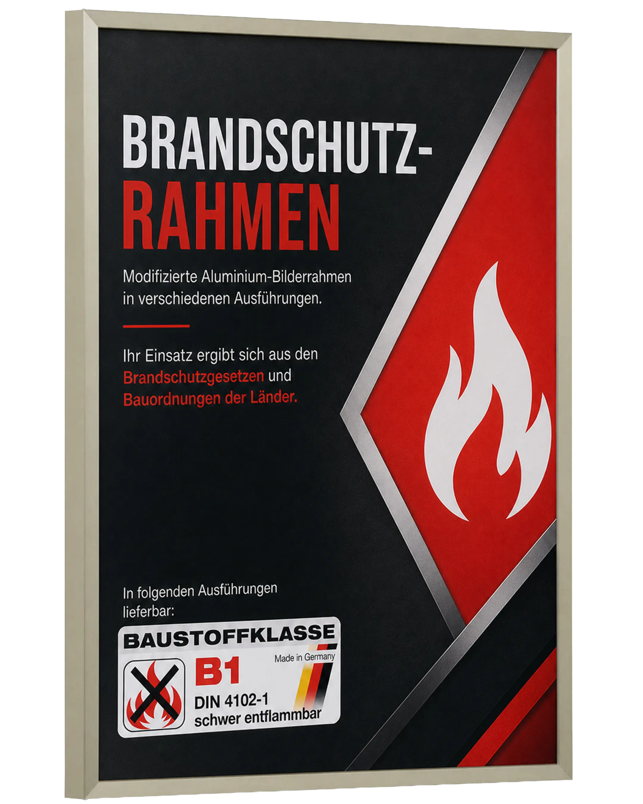 Bilderrahmen Aluminium Mika Brandschutz Zertifikat B1 Champagner – Seitenansicht