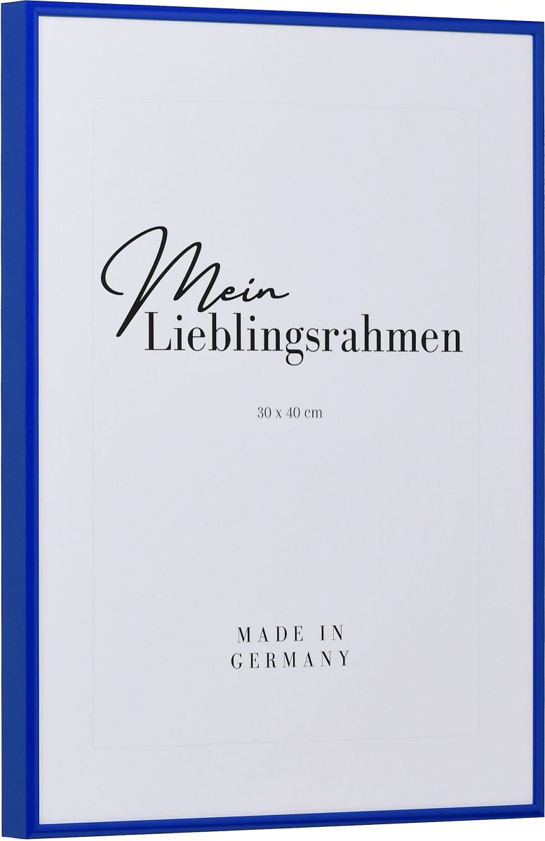 Seitenansicht eines blauen, sehr formstabilen Aluminiumrahmens mit patentiertem Eckverbindersystem 