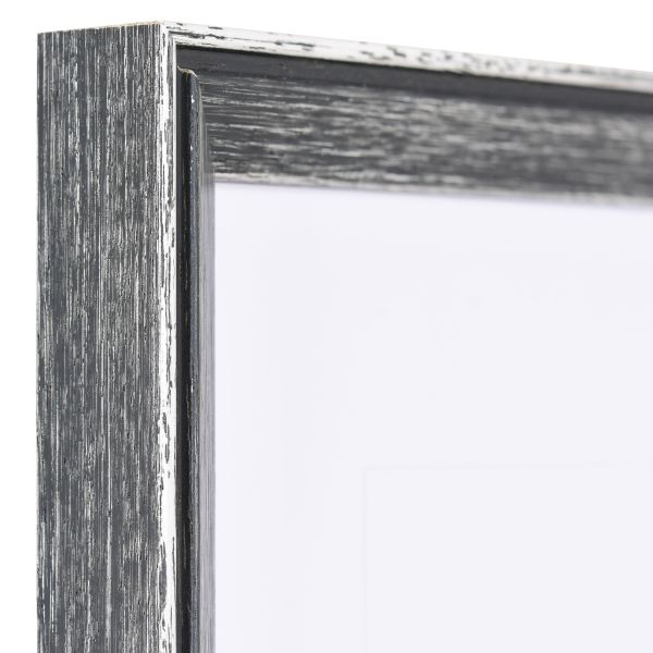 Ansicht der Ecke eines schwarzen Holzrahmens im Used Look mit sichtbarer Holzstruktur