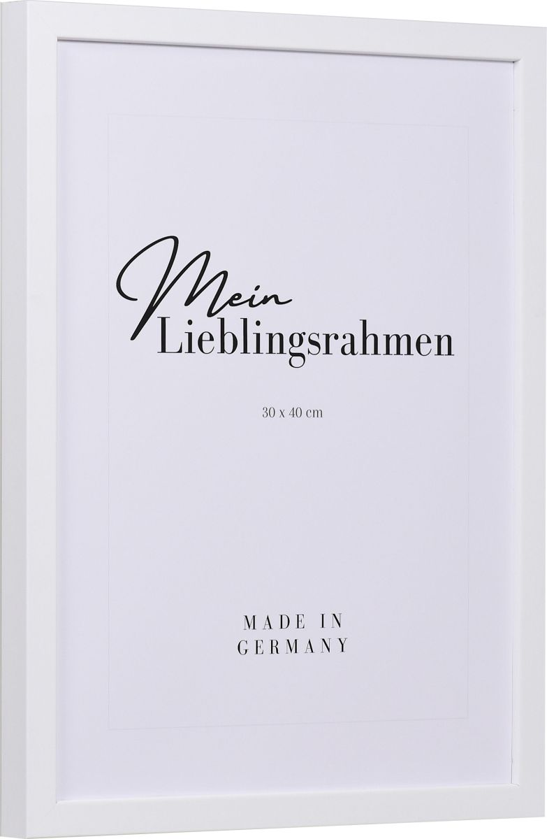 Seitenansicht eines weissen Bilderrahmens A4 mit glatter Oberfläche und schlichtem Design