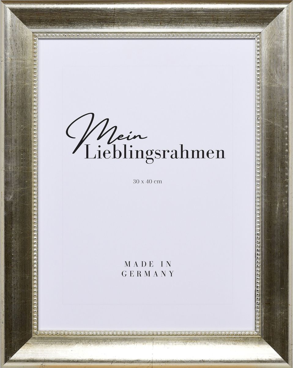 Frontansicht eines klassischen, silbernen Massivholzrahmens mit Perlkante und Patina