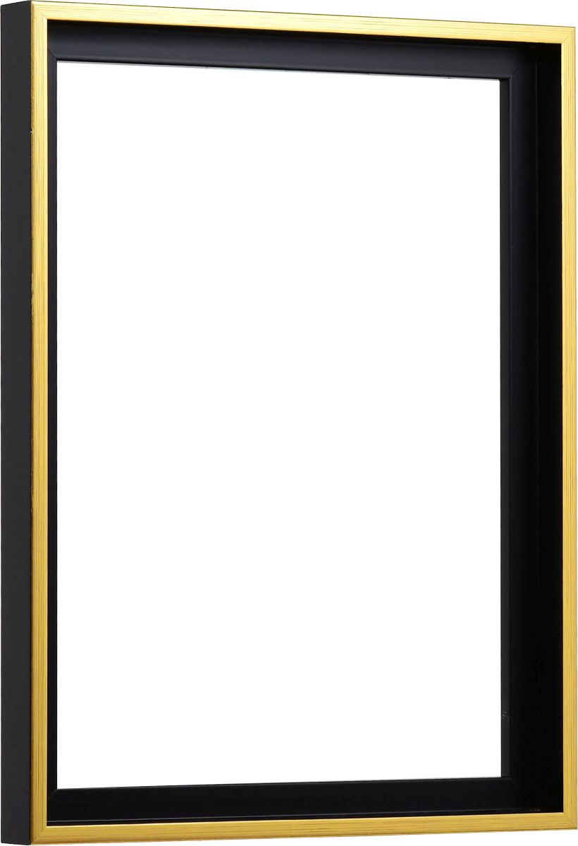 Seitenansicht eines modernen, dezenten Schattenfugenrahmens in Schwarz mit Goldkante