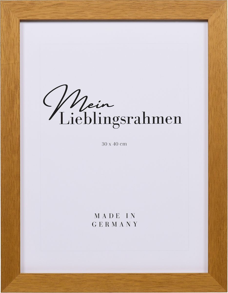 Frontansicht eines eichefarbenen Holzrahmens, 50x70 cm, offenporig lackiert mit sicht- und fühlbarer Holzstruktur