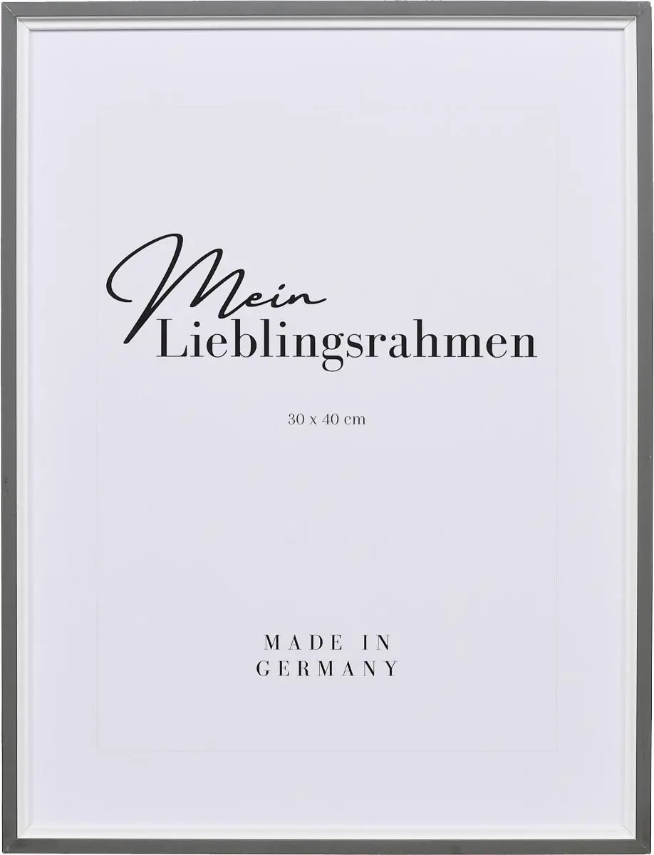 Frontansicht eines grauen Bilderrahmens mit kantigem, modernen Profil und nach innen abgestuften Leisten für eine tiefenwirkende Optik