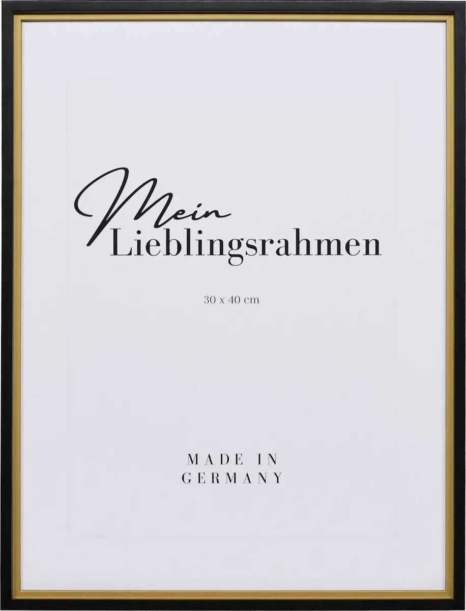 Frontansicht eines goldenen Bilderrahmens mit kantigem, modernen Profil und nach innen abgestuften Leisten für eine tiefenwirkende Optik