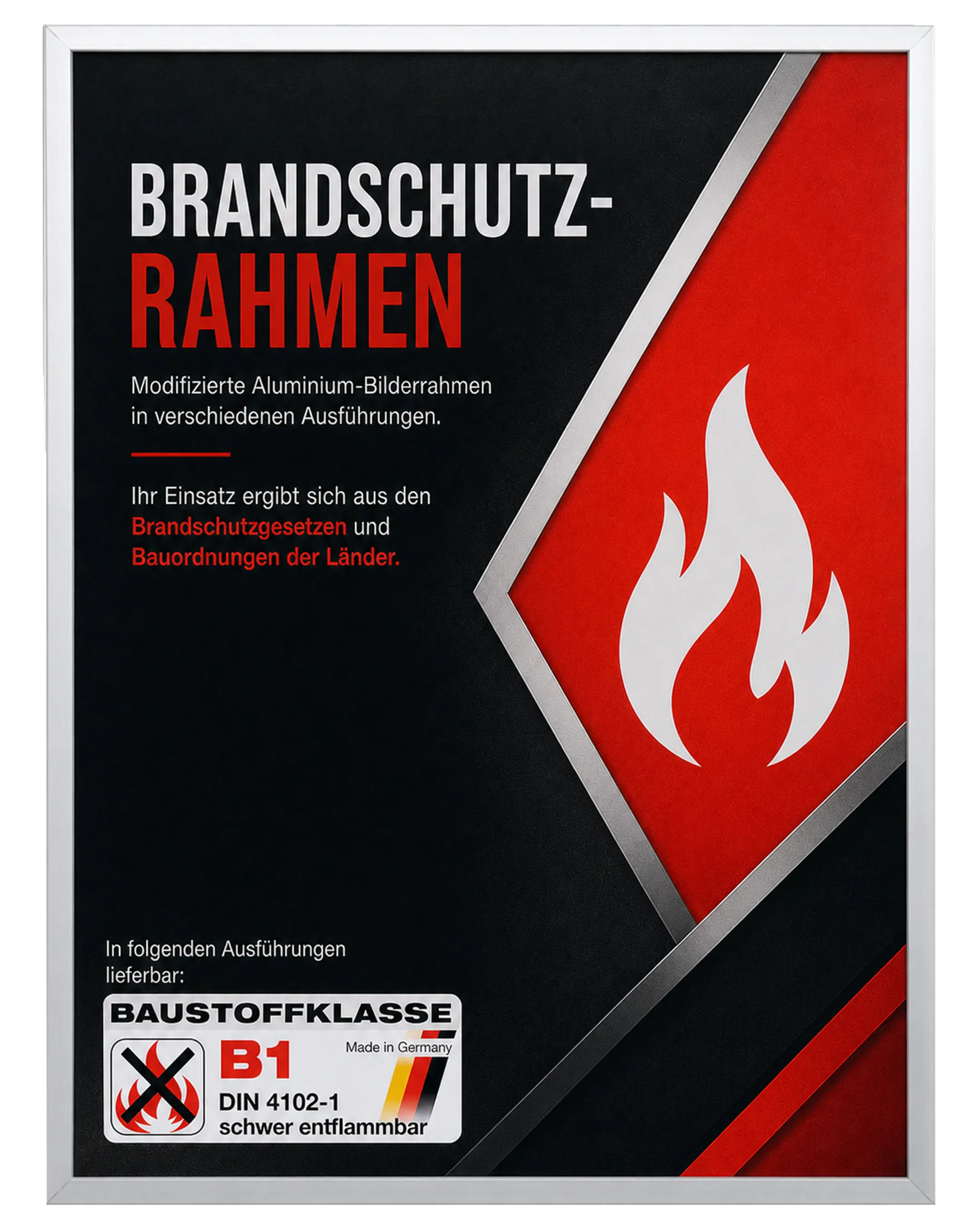Bilderrahmen Aluminium Mika Brandschutz Zertifikat B1 Silber – Frontansicht