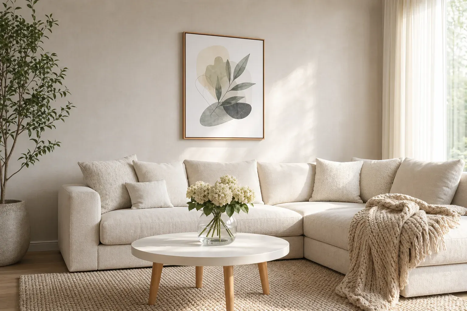 Schattenfugenrahmen mit Leinwandbild über einem hellen Sofa